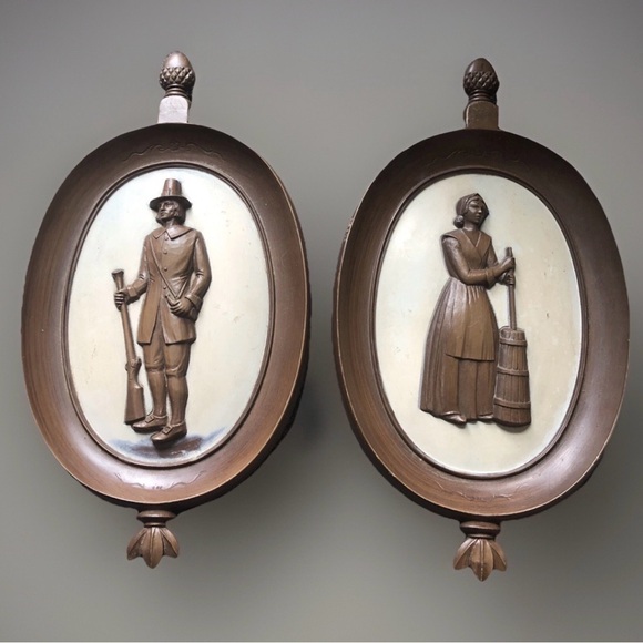 Syroco Other - Vintage Mid Century Syroco Pilgrim Set Brown & Cream 1960 wall art 3d picture